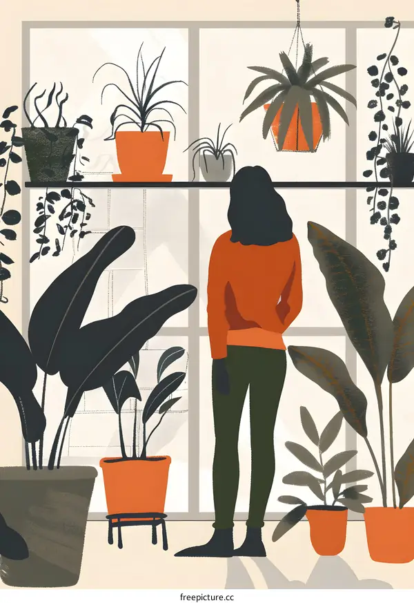 Woman Standing by Window with Plants