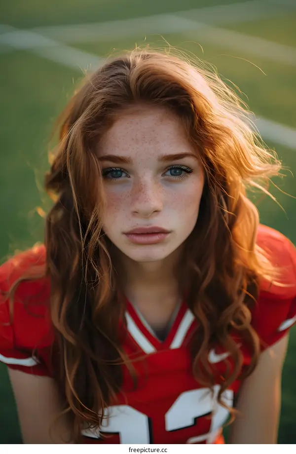 Portrait of a Redheaded Female Athlete Wearing a Football Jersey