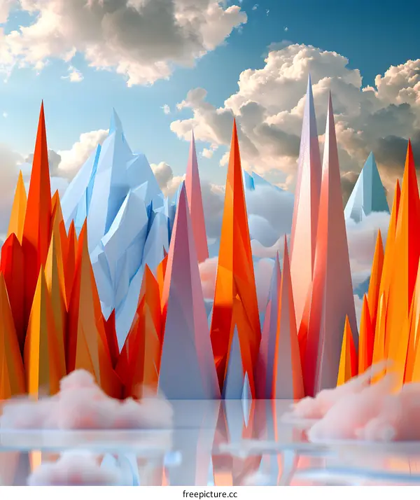 3D rendering of a mountain landscape with a lake in the foreground