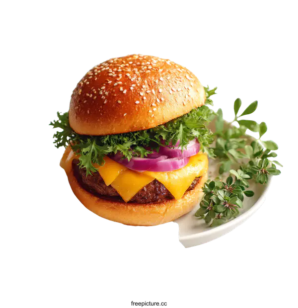 [Transparent Background PNG]Delicious Cheeseburger with Fresh Herbs on Plate