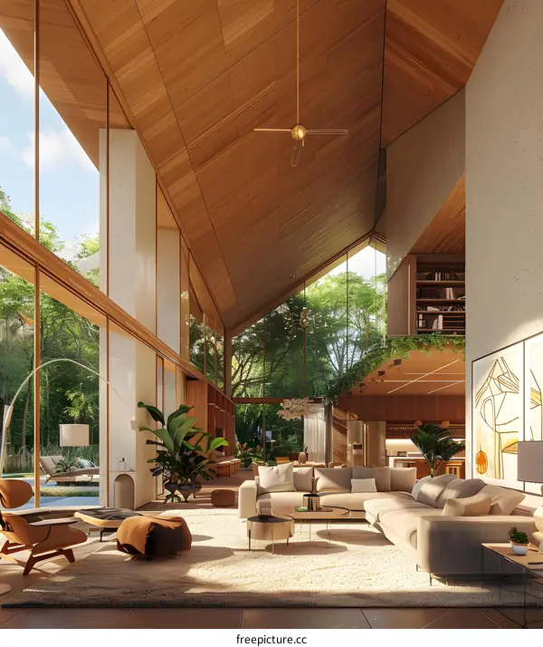 Modern House Interior Design With Wooden Ceiling And Large Windows