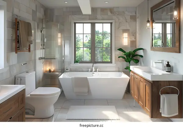 Modern Bathroom Interior Design Featuring Natural Light and Wood