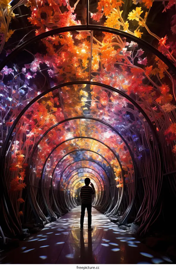 Man walking through a tunnel of colorful lights