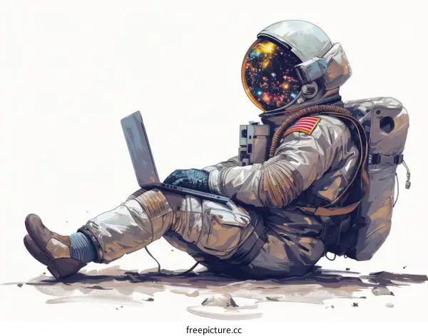 An astronaut is sitting on the moon and using a laptop.