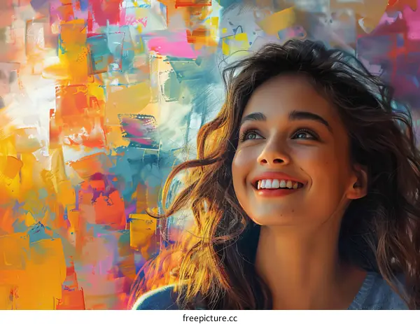Joyful Woman Against Abstract Colorful Art
