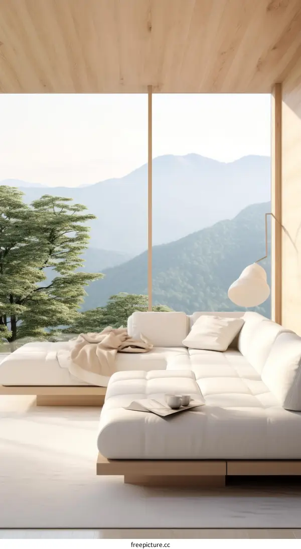 Modern living room interior with large windows and a beautiful view of the mountains