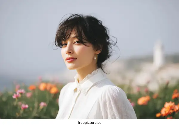 Asian Woman in a White Blouse Outdoors