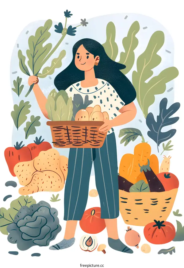 Harvesting Vegetables Illustration With Woman And Basket