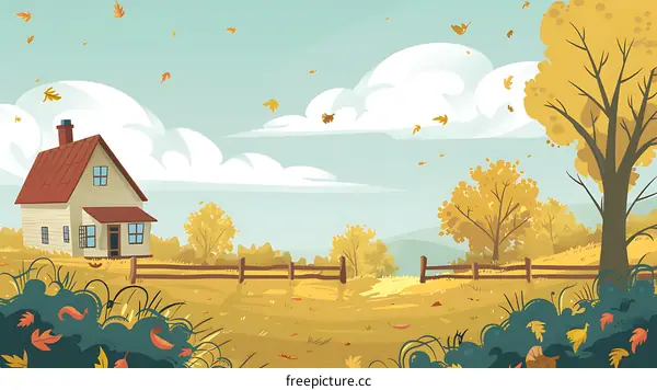 Autumn Landscape with House and Falling Leaves