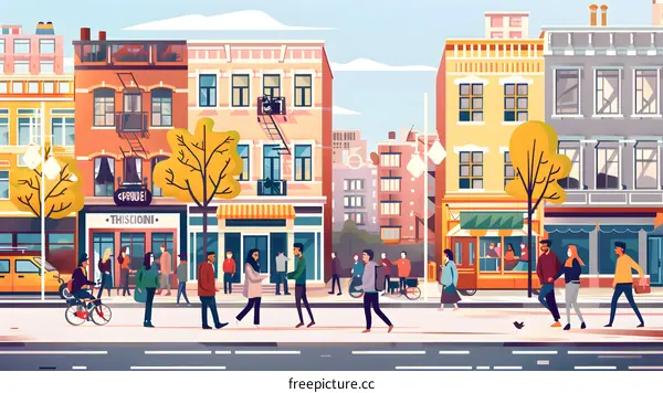 Colorful City Street with People Walking and Shops