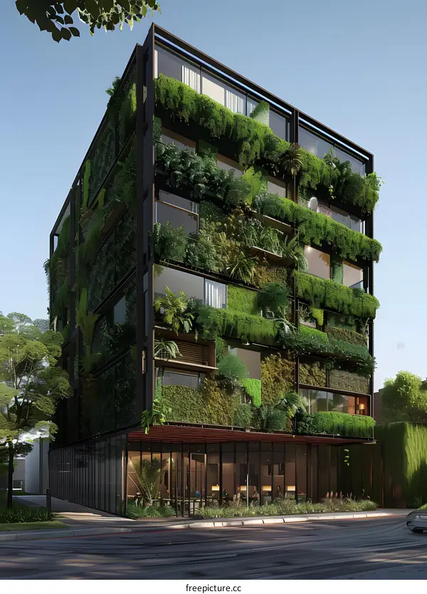 Modern Green Building with Plants on Walls