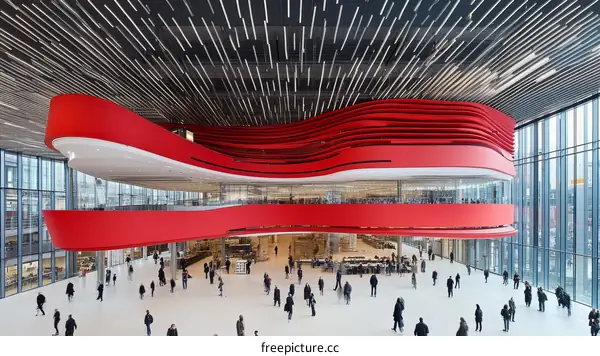Modern Red Architectural Building Interior with People