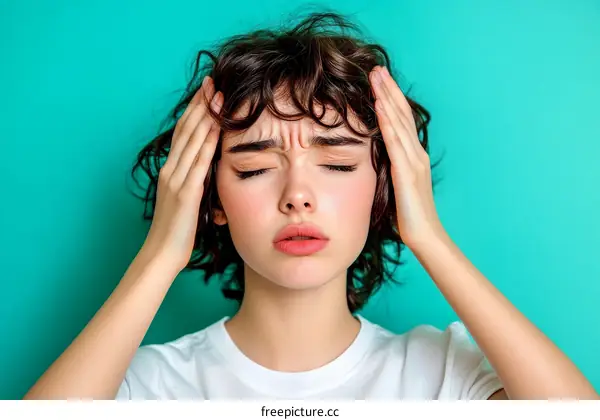 Young Woman Experiencing Headache Against Teal Background