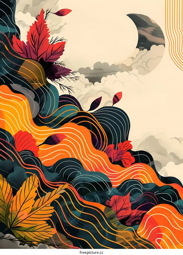 Autumn Leaves and Crescent Moon Abstract Art