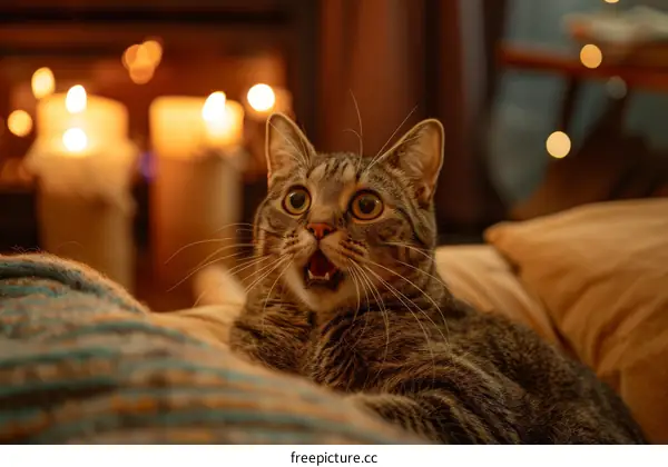 Cat is surprised by the fire