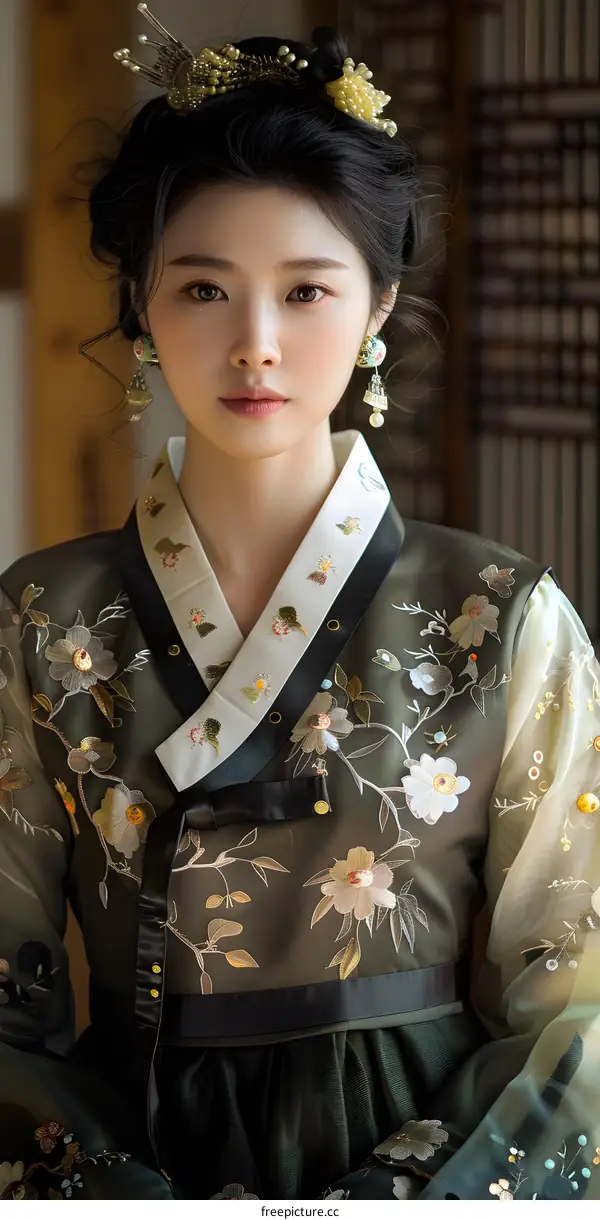 Portrait of a young woman in traditional Korean dress, or Hanbok