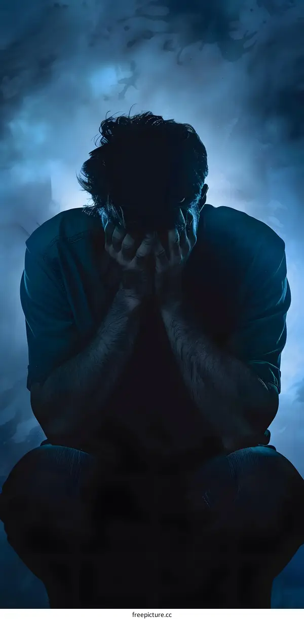 Silhouette of Man Sitting with Head Down in Despair