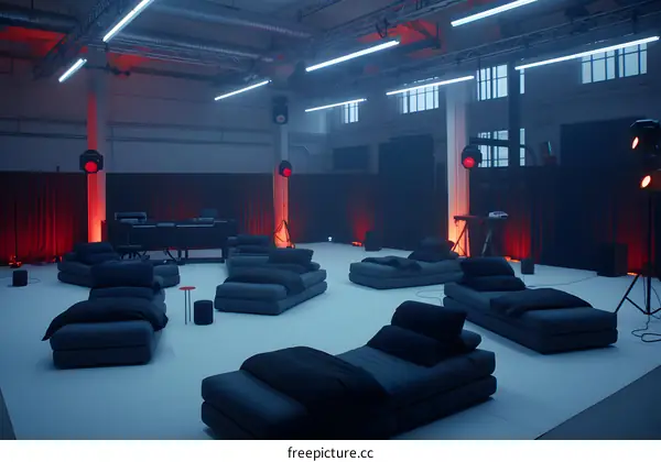 Empty Room with Beds and Red Lights