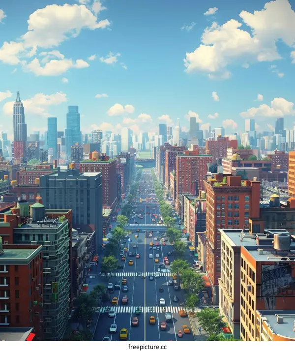 Urban City Streetscape with Towering Skyscrapers and Bustling Traffic