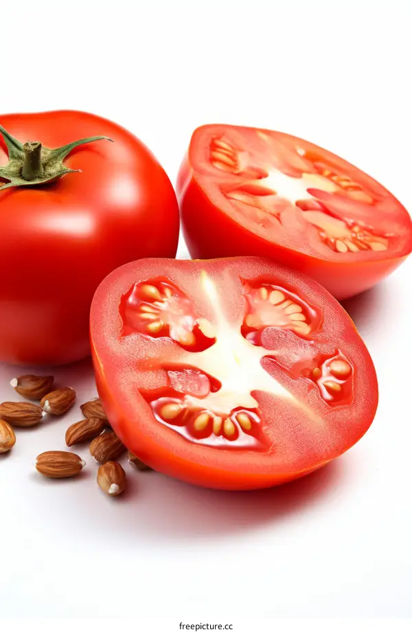A tomato cut in half with seeds spilled next to it