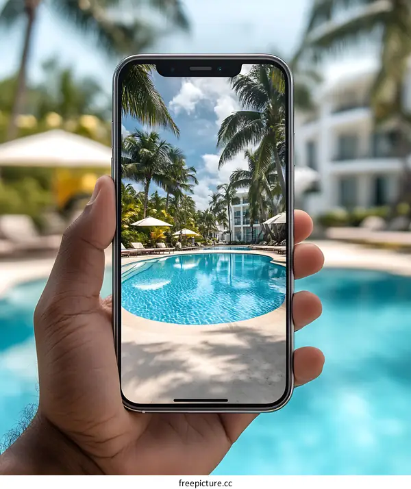 Hand Holding Smartphone Showing Swimming Pool With Palm Trees in Background