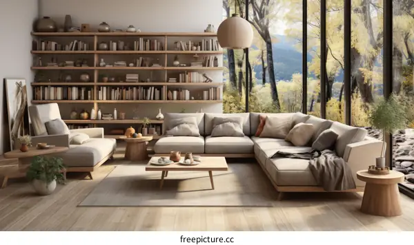 A cozy living room with a large bookshelf and a view of the forest