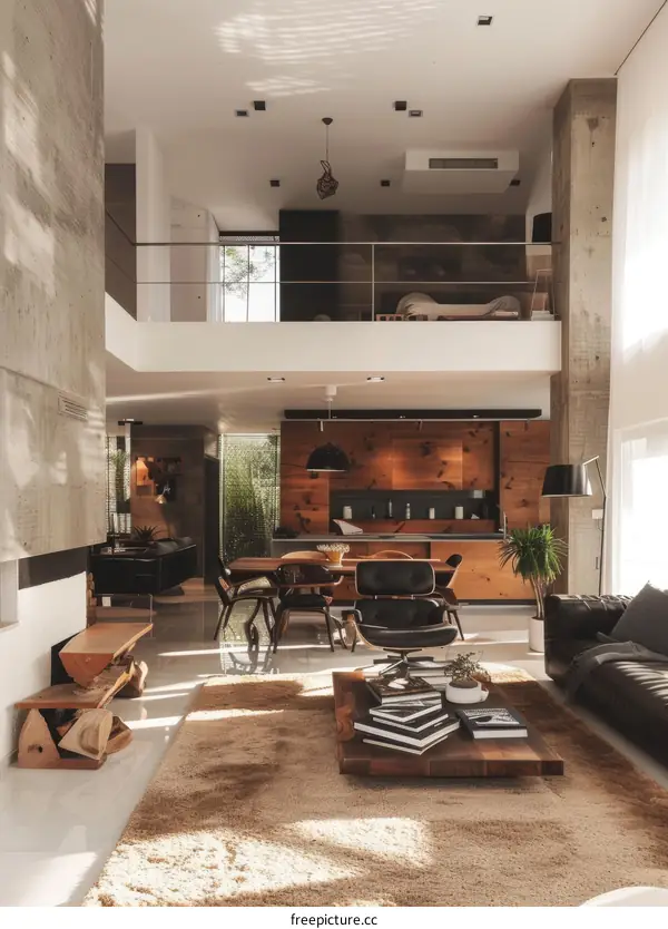 Modern house interior design with open living room and dining area