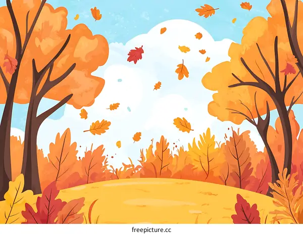 Autumn Forest Landscape Illustration With Falling Leaves