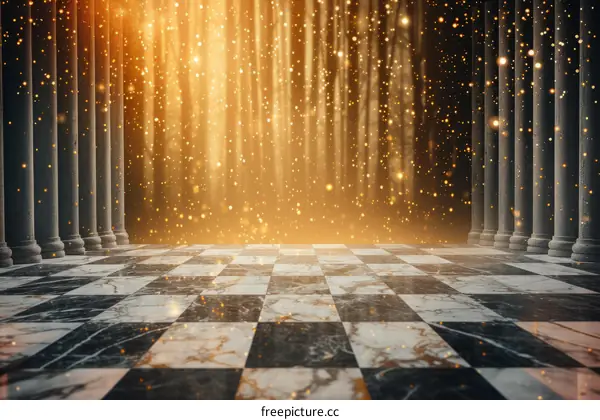 Golden particles falling on marble floor with columns at either side