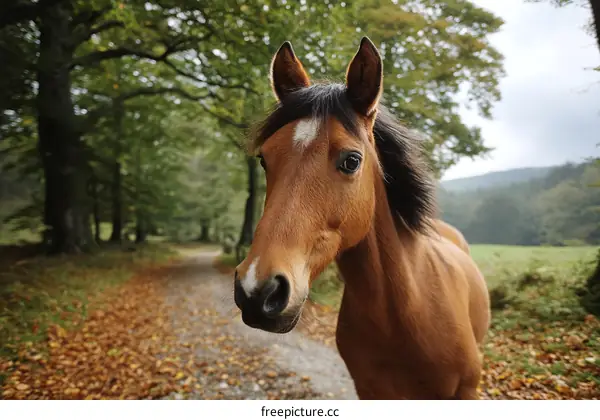 Close-up View of a Horse in a Forest Path