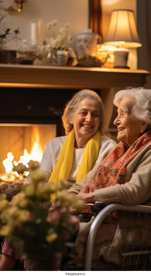Two elderly women are sitting by the fireplace and talking happily