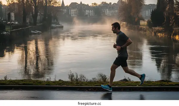 Man Running By River In City