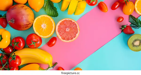 Colorful Fresh Fruit and Vegetable Arrangement on a Pink and Blue Background