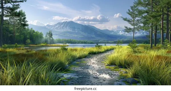 Mountain Lake with Grass, Trees, and Sky
