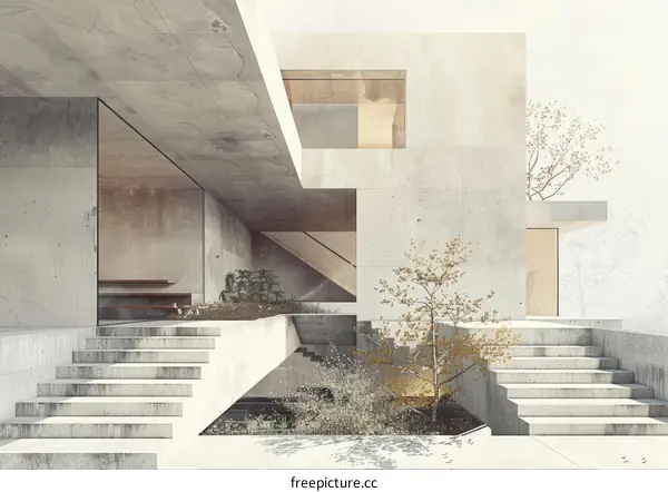 Modern architecture house exterior with concrete walls and large windows