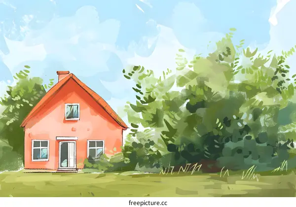 Orange House with Green Bushes Watercolor Illustration