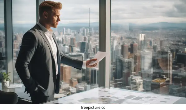 Businessman looking out at city skyline from office window
