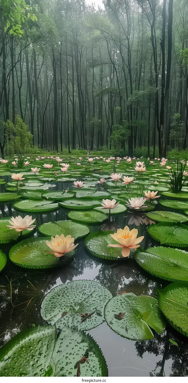 A pond full of giant water lilies with a lush green forest in the background