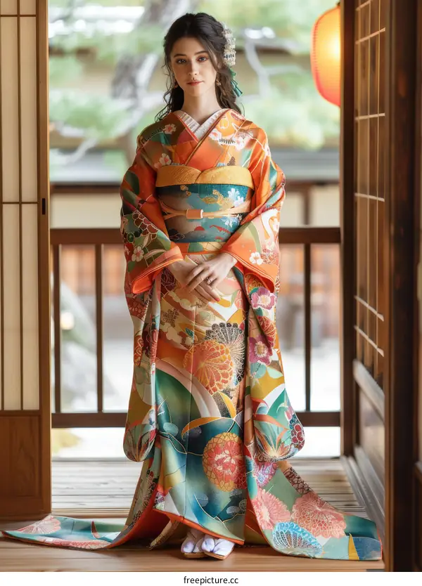 Young Woman Wearing Traditional Japanese Kimono