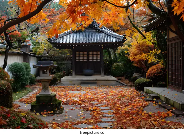 A beautiful Japanese garden with a traditional tea house in the fall