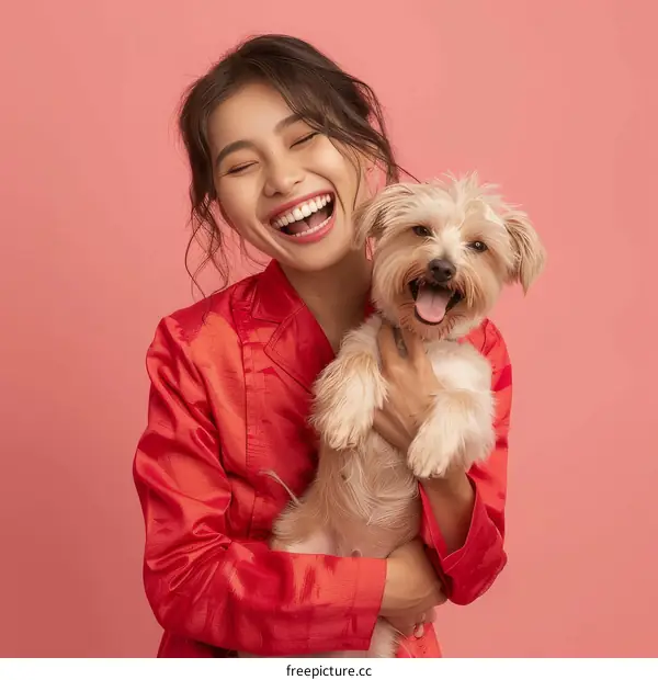 Laughing woman in red holding a small dog