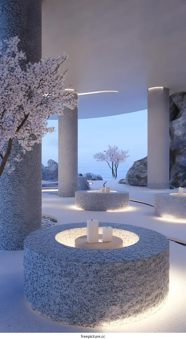 Minimalist Design Interior Space with Round Concrete Tables and Cherry Blossoms