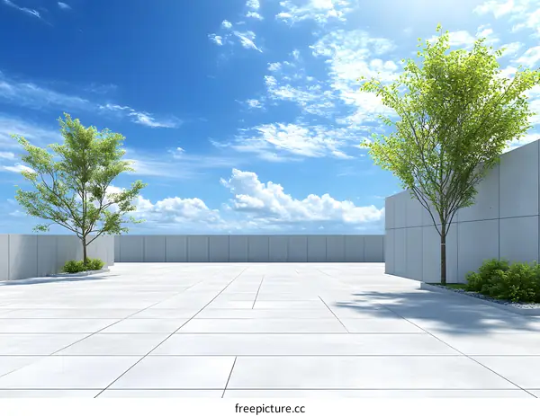 Minimalist Rooftop Terrace Design with Two Trees and a Blue Sky