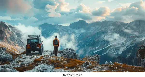 Man standing on a mountaintop overlooking a valley