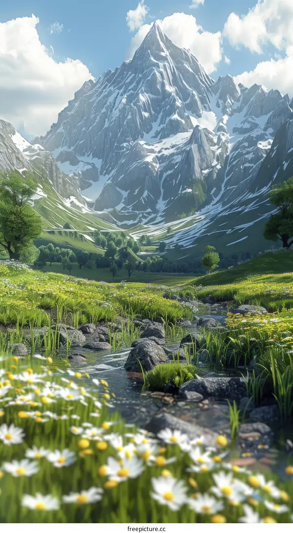 Scenic Majestic Mountain Landscape with Snowflakes and Wildflowers