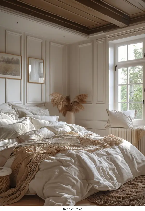 Cozy Minimalist Bedroom Interior with White Bedding and Wicker Details