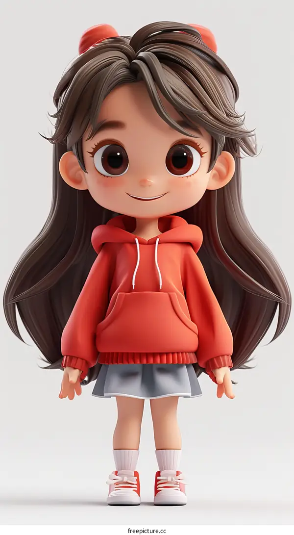 Cute Cartoon Girl with Brown Hair Wearing a Red Hoodie and Gray Skirt