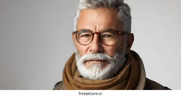 portrait of an old man with grey hair and beard wearing glasses and a scarf