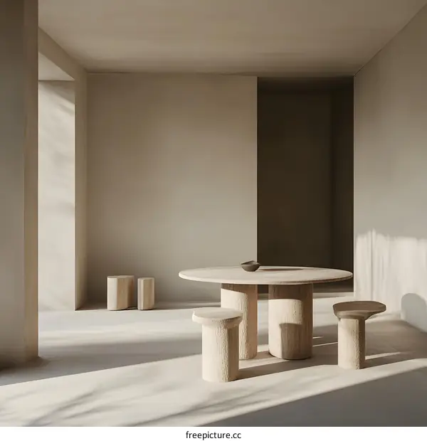 Modern Minimalist Interior Design with Wooden Table and Stools