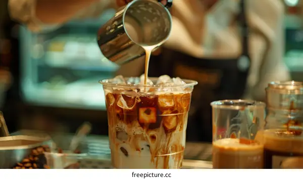 Barista pouring milk into iced coffee